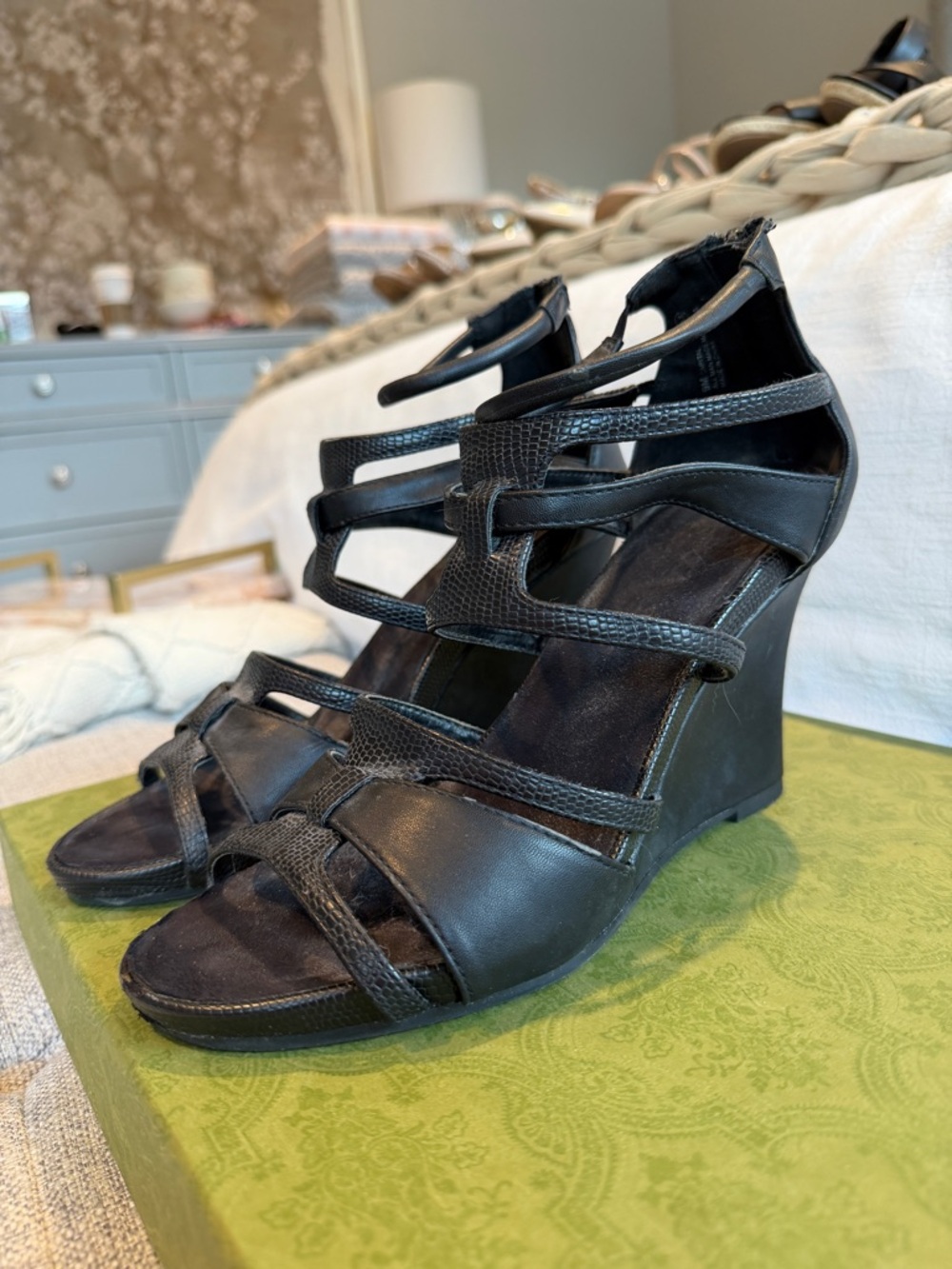 AEROSOLES Capital Black Strappy Wedge Sandals